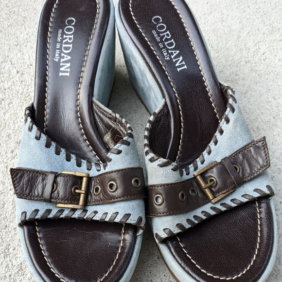 Leather Cordani Wedge Sandals, Size 7, Light Blue - Picture 2 of 10